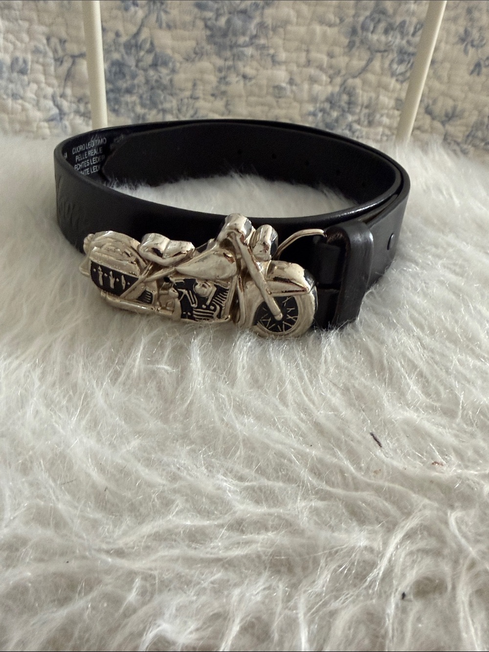Black Leather Belt with Silver Motorcycle Buckle